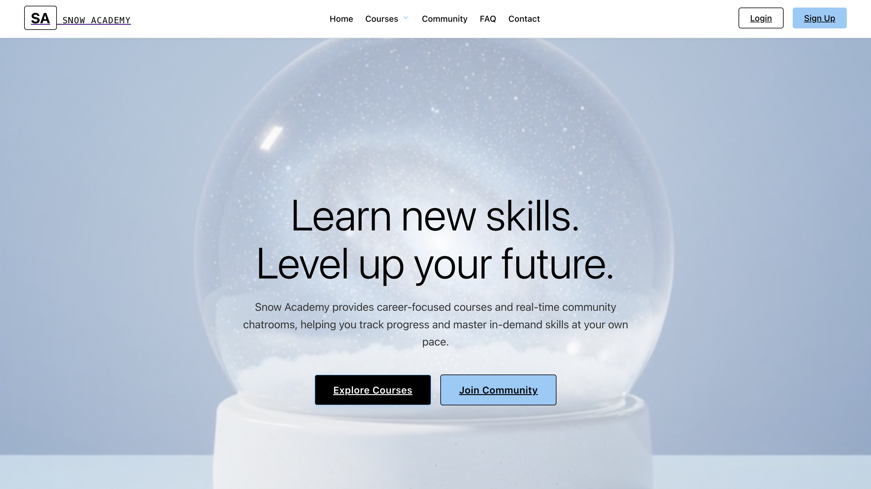 Snow Academy Course Listing Page with Search and Category Filters